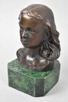 A Cast Bronze Sculpture of a Young Girl Set on Reconstituted Green Marble Plinth, Signed but