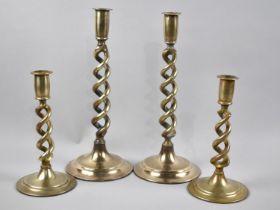 Two Gradated Pairs of Open Spiral Candlesticks, Brass, Tallest 29cms High