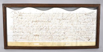 A Framed Double Sided Indenture with Wax Seals, 58x28cms Overall