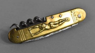 A Novelty Multi Tool Penknife with Brass Scale Decorated in Relief with Gymnasts, 9.5cms Long