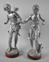 A Pair of French Silver Painted Spelter Figures, Cupid and Diana, 47cms High