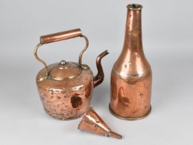 A 19th Century Copper Bottle, Wine Funnel and Copper Kettle