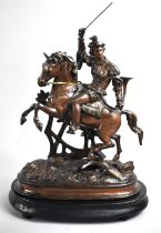 A Bronzed Spelter Study of French Huntsman on Horseback Carrying Hunting Horn and with Sword