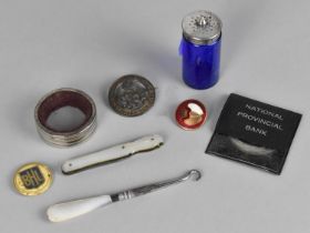 A Collection of Various Curios to Include Services Rendered Badge, Mother of Pearl Handled Miniature