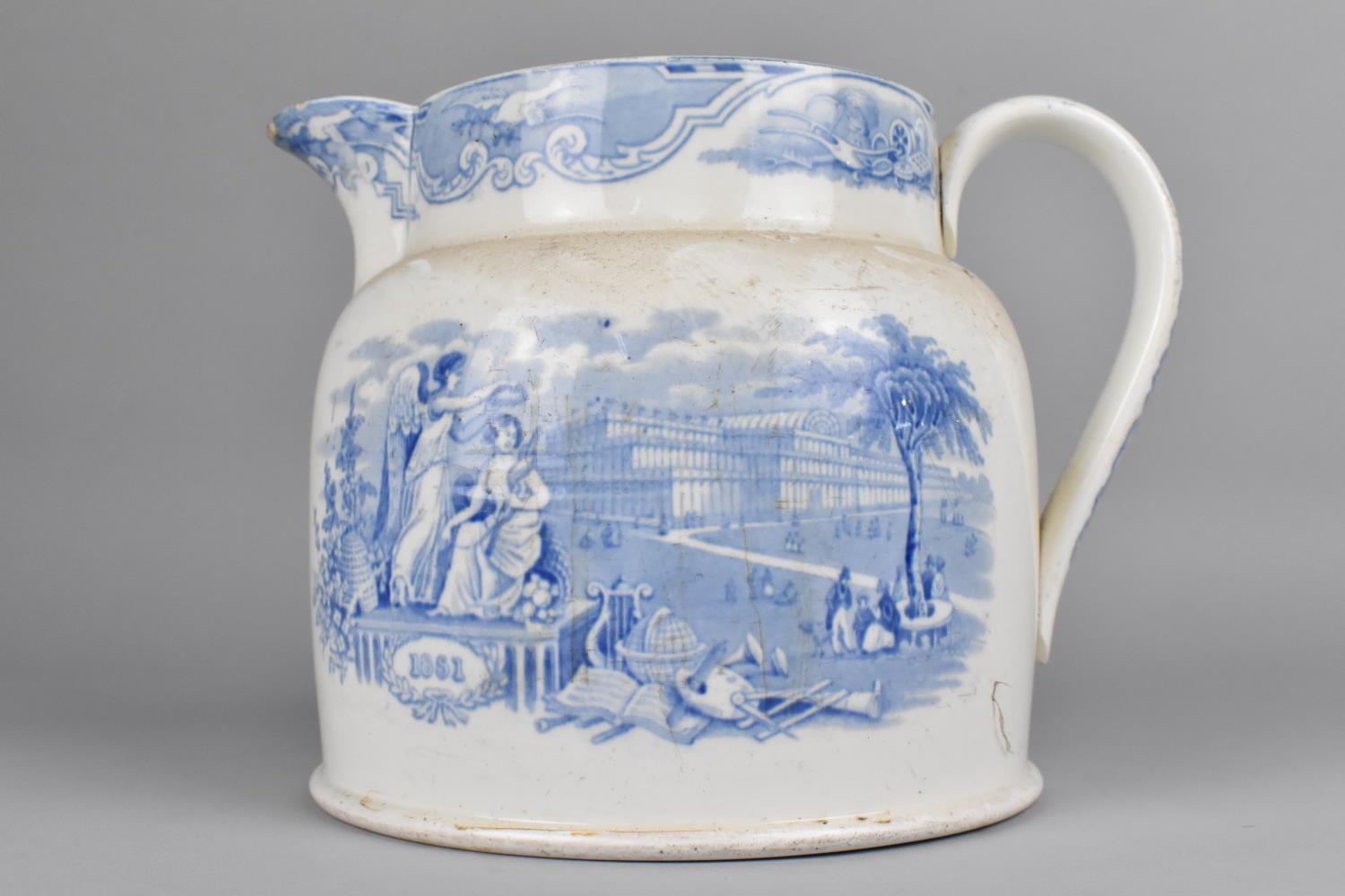 A Large Mid 19th Century English Blue and White Transfer Printed Jug with Crystal Palace Scene and - Image 2 of 2