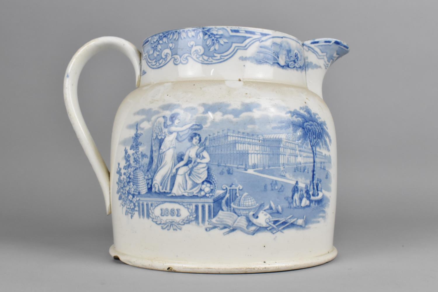 A Large Mid 19th Century English Blue and White Transfer Printed Jug with Crystal Palace Scene and