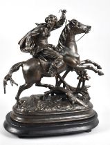 A Continental Bronzed Spelter Study of Cavalier on Horseback, Oval Wooden Plinth Base, 30cms Wide