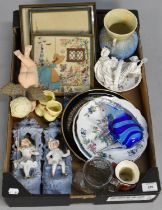 A Box of Sundries to include Continental Figural Ornaments, Glass Fish, Aynsley Plate, Prints Etc