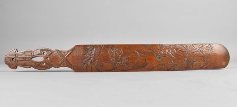 An Oriental Carved and Pierced Wooden Page Turner, Decorated with Figure Under Tree Carrying