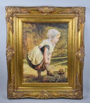 A Modern Gilt Framed Print of Child Pulling Up Stockings, 29x39cms