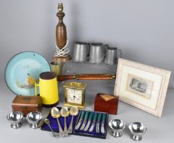 A Collection of Various Items to Comprise Pewter Tankards, Wooden Lamp Base, Wooden Cased Carving