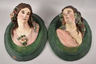 A Pair of Late 19th Century Cold Painted Terracotta Oval Plaques Depicting Maidens with Fruit and