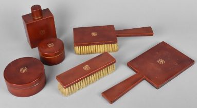 An Art Deco Six Piece Gents Dressing Table Set Monogrammed BMB in Enamelled Metal