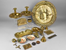 A Collection of Various Brass to Comprise Pressed Charger, Bed Chambersticks, Ornaments etc