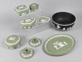 A Collection of Wedgwood Jasperware to Comprise Green and White Oval Tray, Candlesticks, Lidded
