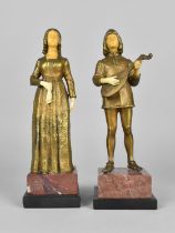 A Pair of Reproduction Continental Resin Figures of Musician and Maiden, Both on Stepped Marble