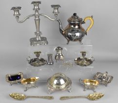 A Collection of Various Silver Plate to Comprise Three Branch Candelabra, Teapot, Bed Chamber