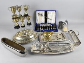 A Collection of Various Metalwares to Comprise Trays, Sifter, Entree Dish, Silver Plated Trophies