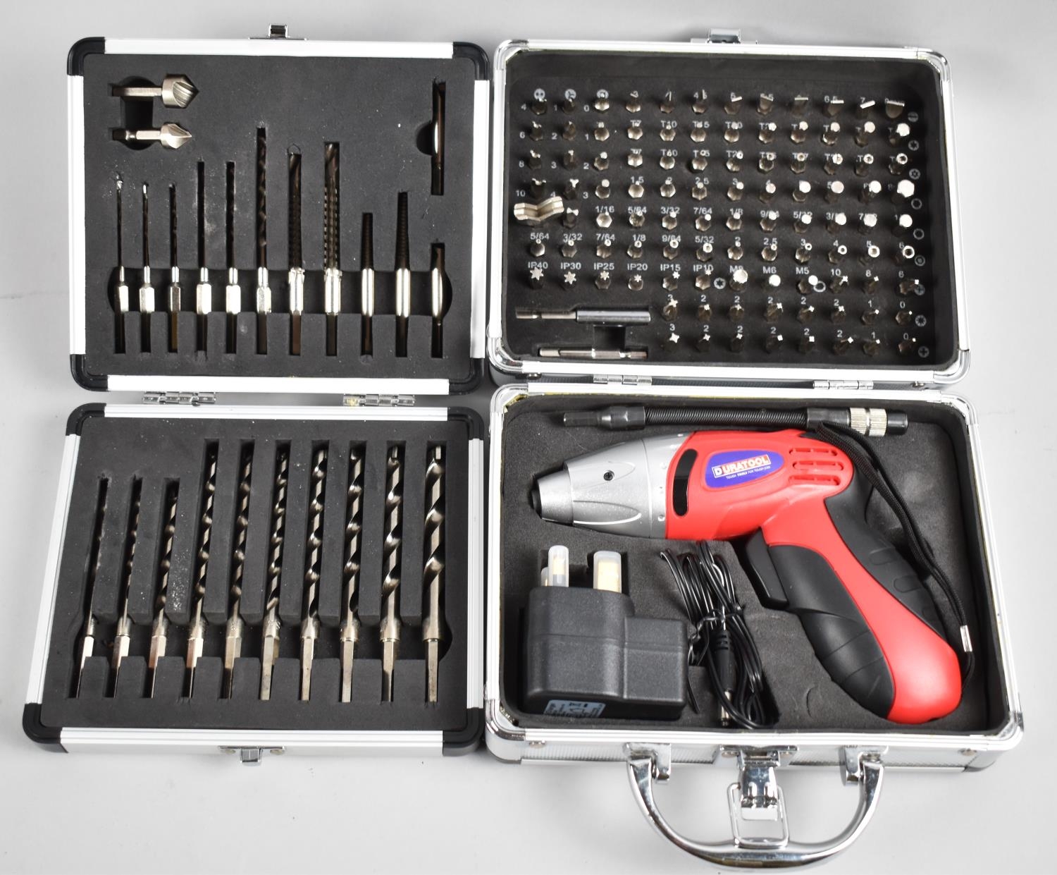 A Modern Duratool Electric Screwdriver with Interchangeable Heads together with a Cased Set of Drill