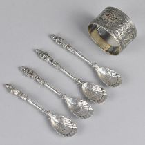 A Set of Four Indian White Metal Spoons with Shell Finials and Figural Finials Together with a