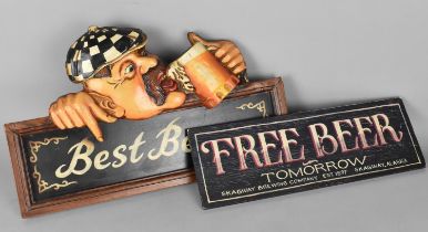 Two Reproduction Wall Hanging Signs, Best Beers and Free Beer Tomorrow, 47cms Wide
