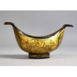 An Indian Papier Mache Boat Shaped Ashtray or Bowl with Brass Rests, 12.5cm Wide