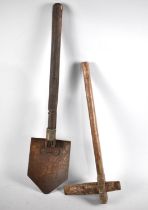 A Vintage Military Trenching Shovel and a Axe with Metal Strap Monogrammed TPH1711