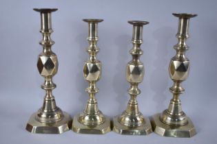 Two Pairs of Brass Candlesticks "King of Diamonds" and "Queen of Diamonds", The Former 31cms High