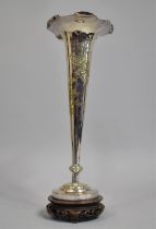 A Silver Plated Trumpet Vase with Engraved Floral Decoration on Carved Oriental Wooden Stand, 29cm