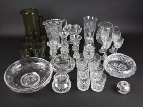 A Collection of Various Glass to Comprise Short Tumblers, Jugs, Smoked Glass Lemonade Set, Vases etc