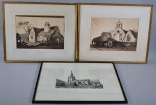 A Pair of Gilt Framed Watercolour Prints, Rural Scenes Together with a Framed Engraving of a Church