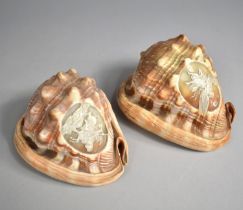 A Pair of Nicely Carved Continental Shells Decorated with George and The Dragon and Angel with Child