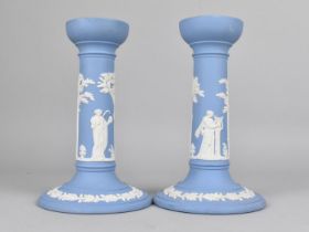 A Pair of Wedgwood Jasperware Candlesticks, 17cm high