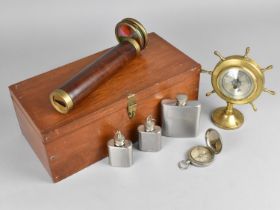 A Mahogany Rectangular Box Containing Hip Flask, Compass, Ships Wheel Barometer, Kaleidoscope Etc