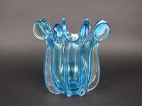 An Art Glass Blue Tone Vase of Shaped Form Having Lappet Finials, 20cm high