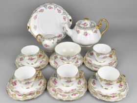 A Roslyn China Rose and Gilt Trim Decorated Tea Set to Comprise Tea Pot, Cake Plate, Six Side