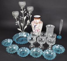 A Collection of Various Glassware to Comprise Coup Glasses, Moulded Blue Glass Bowls Etc