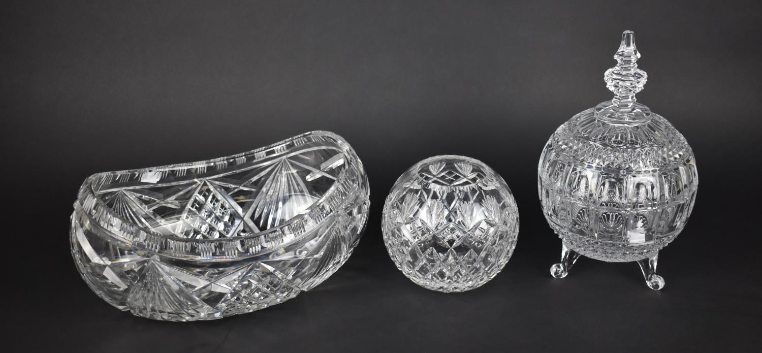 Three Pieces of Cut Glass to comprise Large Bowl, Globular Vase and a Lidded Pot