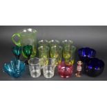 A Collection of Various Glassware to Comprise Vaseline Glass Lemonade Set for Six, Cobalt Blue Glass