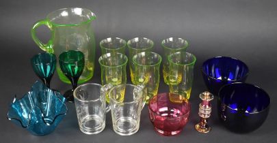 A Collection of Various Glassware to Comprise Vaseline Glass Lemonade Set for Six, Cobalt Blue Glass