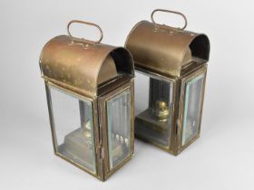 A Pair of 19th Century Brass Cased Oil Lamps with Original Wheel Brand Burners, Arched Tops,