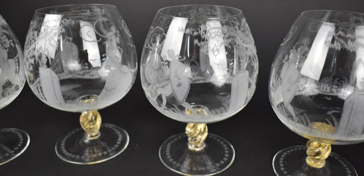 A Set of Five Italian Etched Glass Brandy Balloons with Classical Scene Depicting Maiden and Dandy - Image 3 of 3