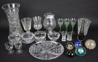 A Collection of Various Glassware to Comprise Large Cut Glass Vase, Punch Jug, Paperweights Etc