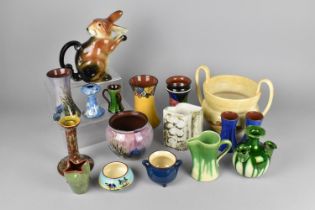 A Collection of Various Glazed Pottery Items to Comprise Watcombe Vases, Tulip Vases, Novelty Teapot