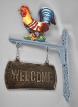 A Modern Cast Metal Cold Painted Wall Mounting Welcome Sign with Cockerel Motif, 45cms High Plus VAT