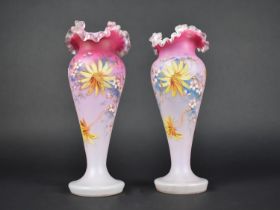 A Pair of Late Victorian/Edwardian Opaque Cranberry Glass Vases with Ruffled Rims, the Tapering
