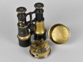 A Pair of Vintage Brass Mounted Binoculars together with a Reproduction Brass Cased Pocket Sextant