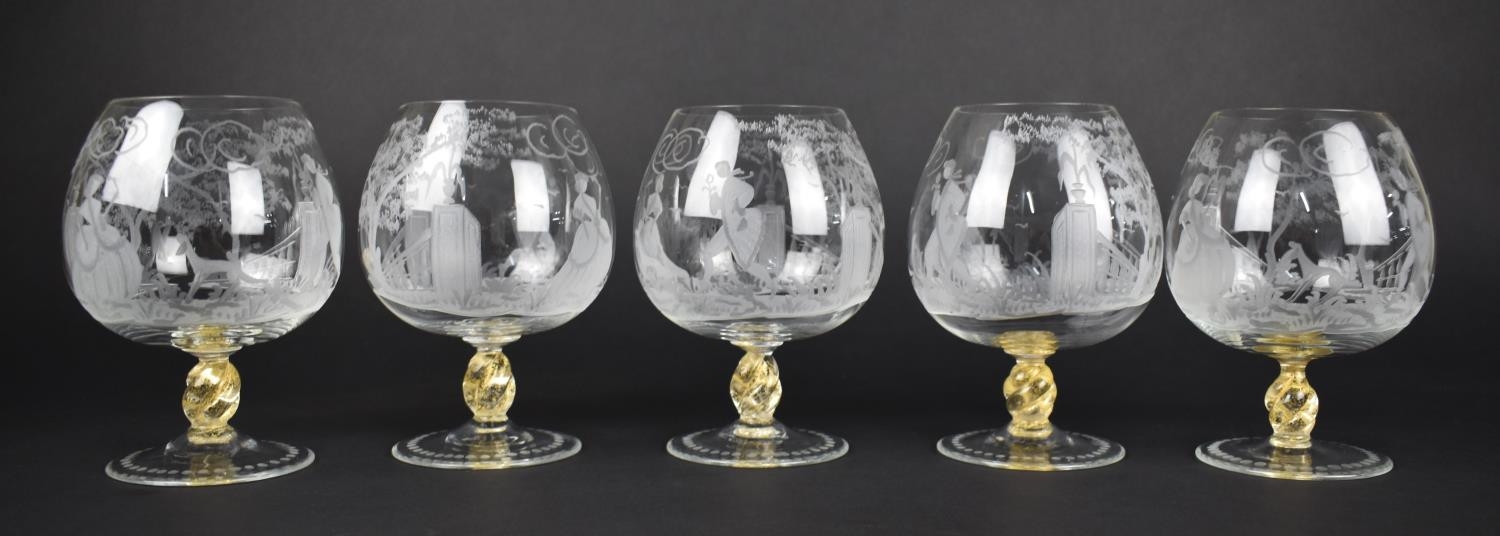 A Set of Five Italian Etched Glass Brandy Balloons with Classical Scene Depicting Maiden and Dandy - Image 2 of 3