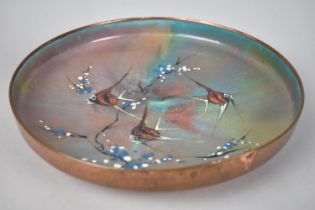 An Enamelled Circular Copper Dish Decorated with Tropical Fish, 26.5cms Diameter
