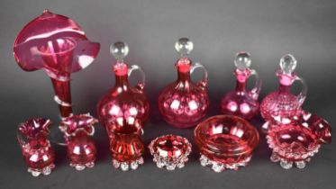 A Collection of Various 19th and 20th Century Cranberry Glass to Comprise Jack in the Pulpit Vase,